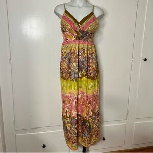 Y2K She’s Cool Boho Tropical Spaghetti Strap Pink Yellow Cotton Maxi Dress